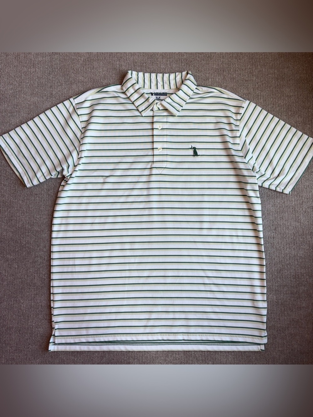 Local Boy Outfitters Men’s M White And Green Striped Polo Stretch Logo Button